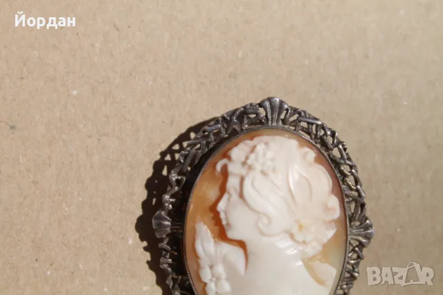 Сребърна английска брошка с камея, снимка 2 - Колиета, медальони, синджири - 47812946