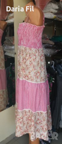 Дълга рокля на волани на цветя и в розово каре с тънки презрамки , снимка 6 - Рокли - 41116150