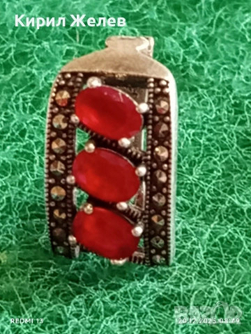 Сребърна обеца с инкрустирани кристали и ювелирно полиран ЧЕРВЕН ГРАНАТ 41831, снимка 2 - Обеци - 52854380