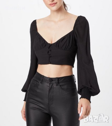 Parallel Lines къса дамска блуза с дълги буфан ръкави в черен цвят р-р M, снимка 1 - Блузи с дълъг ръкав и пуловери - 42193418