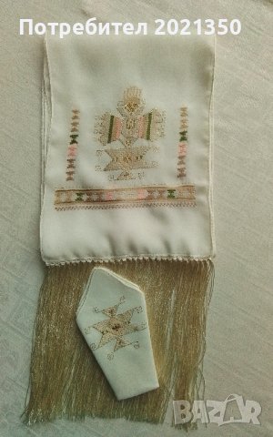 Ръчно бродиран бял и черен копринен шал и кърпичка с български автентичен мотив