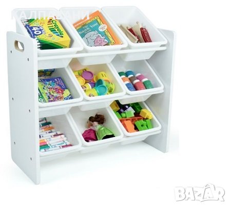 Етажерка с 9 Кутии за Съхранение, Секция за Детска Стая, Органайзер за Играчки и Книжки от Дърво  - 