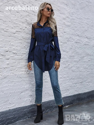 Дълга кръгла яка, дълги ръкави и талия, дамска дантелена риза, 4цвята , снимка 8 - Ризи - 44784483