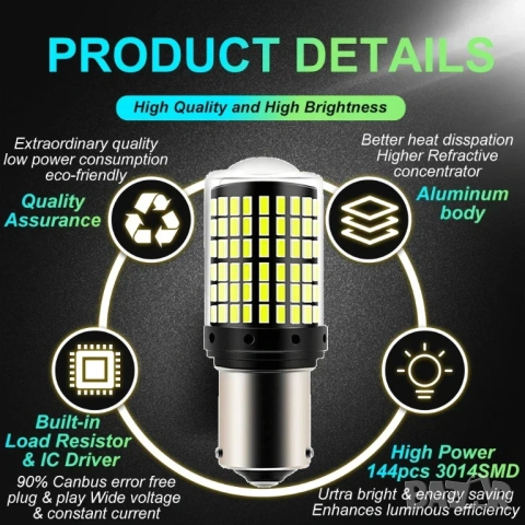 2 броя крушки за мигачи 1156 BAU15S PY21W, 12V-24V Canbus / Жълта светлина (кехлибарена), снимка 5 - Аксесоари и консумативи - 53160452