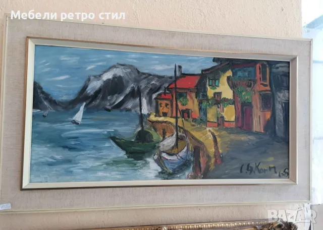 Чудесна майсторска картина ''Рибарско селище'' маслени бои върху платно подпис, рамка. 