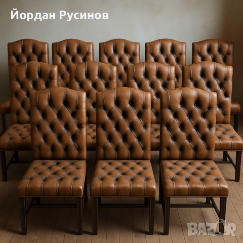 Оригинален луксозен комплект 12 Chesterfield стола с маса от махагон