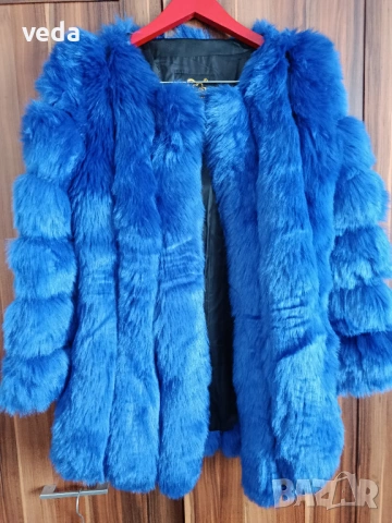 Синьо еко палто с косъм ново размер S 