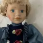 Порцеланова кукла като ново, винтидж сини сатенени дрехи, снимка 1