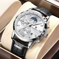 Lige Design Silver Black 8953 Луксозен мъжки кварцов часовник с кожена каишка, снимка 2 - Мъжки - 40874648