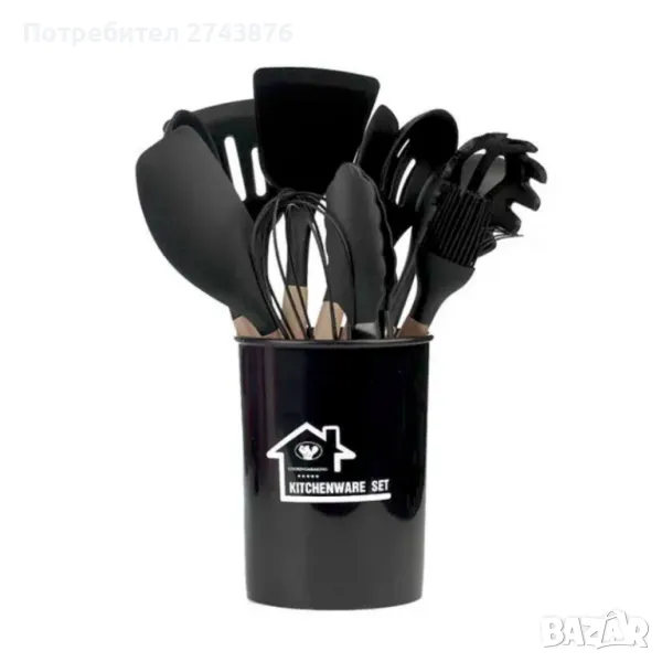 Комплект Силиконови прибори за Готвене 12 части с поставка, Силикон и дърво , Цвят Черен , снимка 1