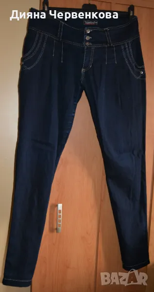 Дамски интересен пролетно-есенен тъмносин панталон, дънков с басти марка Валентина;2XL÷3XL, снимка 1