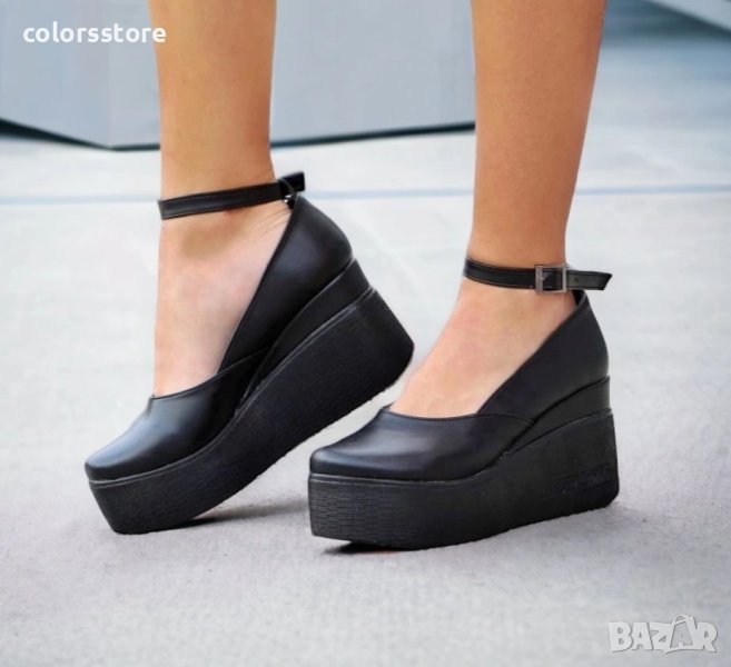 Обувки на платформа - черна кожа с черно ходило - 125K, снимка 1