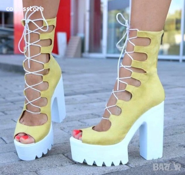 Летни боти на ток - жълт велур - 101, снимка 1