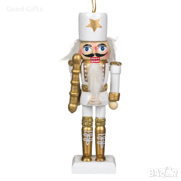 2 броя Дървени Висулки за елха, Лешникотрошачката, Бяло и златно, 13см, снимка 1