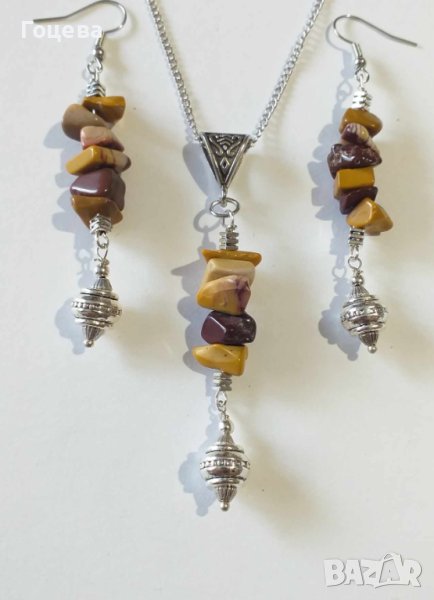 Бохо комплект обици и колие с камъни Мокаит и орнаменти цвят сребро , снимка 1