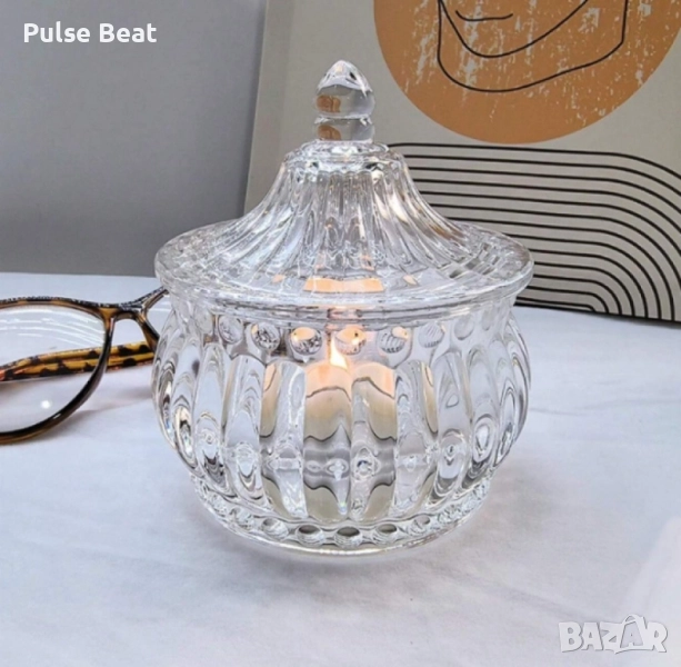 Стъклена захарница с капак, снимка 1