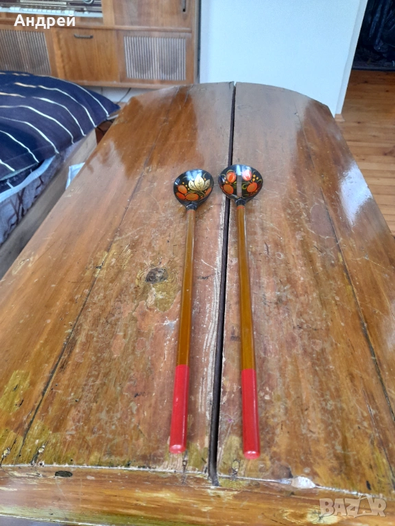 Стари Руски дървени лъжици,хохлома #6, снимка 1