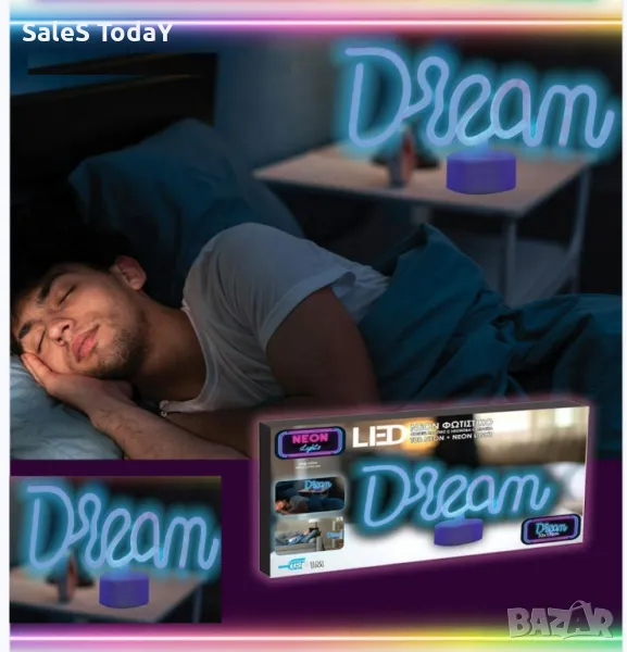 Светеща табела за бюро, Мечта, син LED неон, "Dream" и USB 32x17cm, снимка 1