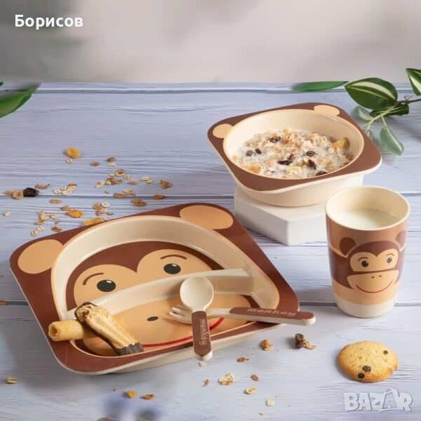 Детски Комплект Чаша купа и Чиния с Прибори за Хранене от Бамбук, снимка 1