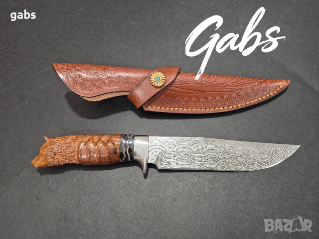 Японски ловен нож MYATO WOOLF DAMASK с кожена кания,LN429, снимка 3 - Ножове - 52662409
