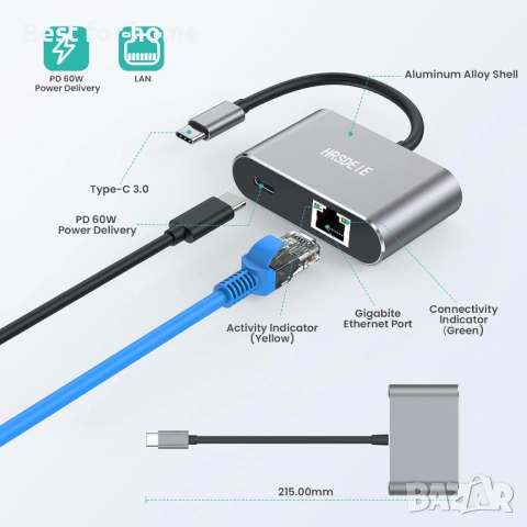 USB-C към Ethernet адаптер, USB Type-C (Thunderbolt 3) към RJ45 мрежов порт , снимка 7 - Кабели и адаптери - 53726495