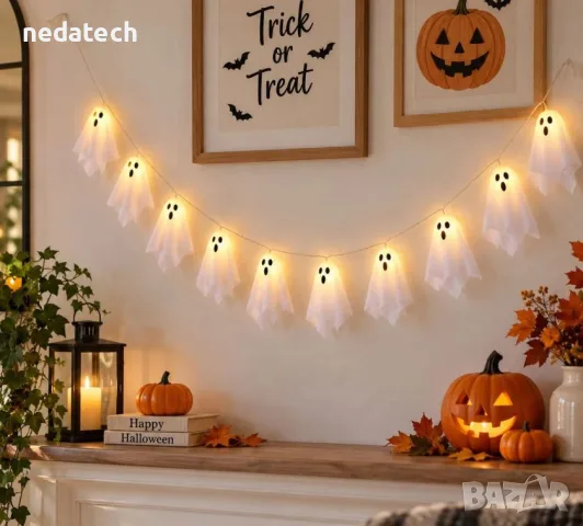 Halloween декоративен гирлянд с призраци, LED светлини и програма – 276 cm, снимка 3 - Декорация за дома - 56210900