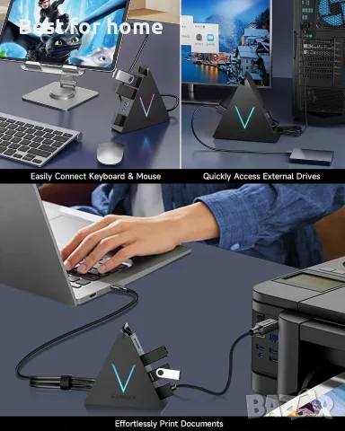 USB C хъб 4 порта JoyReken, USB C към USB хъб с удължен кабел 2 фута, адаптер тип C към USB , снимка 4 - Кабели и адаптери - 55884105