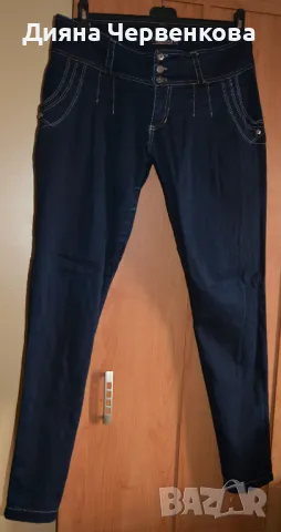 Дамски интересен пролетно-есенен тъмносин панталон, дънков с басти марка Валентина;2XL÷3XL