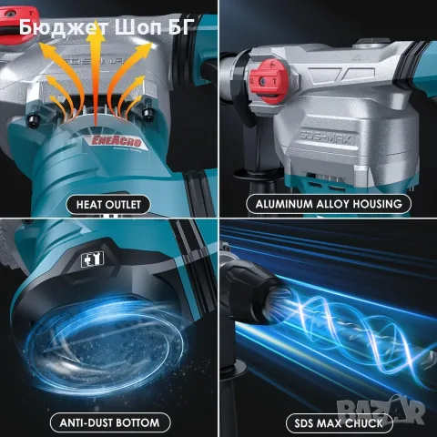 Перфоратор Къртач ENEACRO SDS-MAX 12 джаула, 1500W, 3 функции, антивибрационна дръжка, снимка 3 - Перфоратори - 56009670