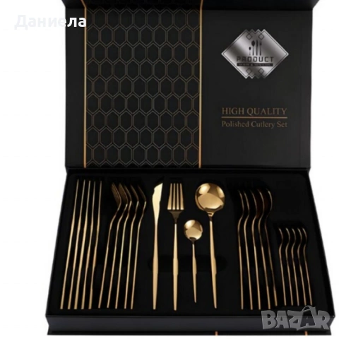 Комплект прибори за хранене в златист цвят от 24 части с луксозен дизайн и магнитна кутия, снимка 4 - Прибори за хранене, готвене и сервиране - 53201158
