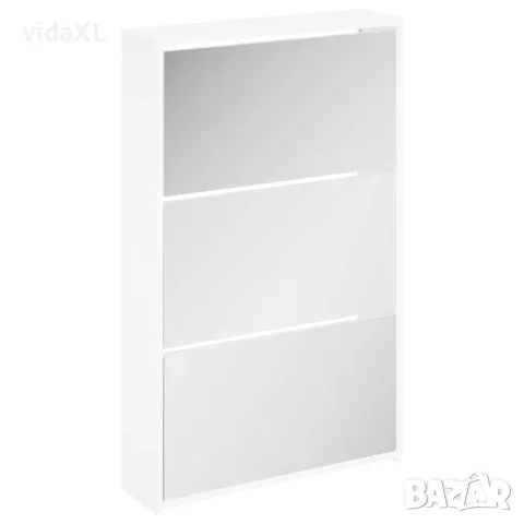 vidaXL Шкаф за обувки с огледало, 3-слоен, бял, висок гланц, 63x17x102,5 см