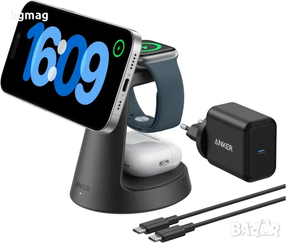 Anker Ultra Compact 3-in-1 Qi2 Wireless Charging Stand-безжично зарядно-стойка за телефон и Apple , снимка 3 - Безжични зарядни - 56062626