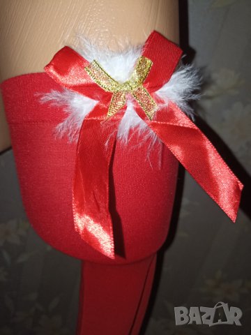 Нови секси плътни коледни червени чорапи с  пухче и панделка , снимка 1 - Бельо - 42603503