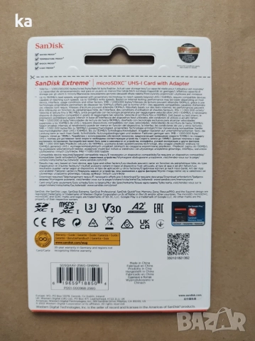 Карта памет SanDisk Extreme microSDXC 190MB/s V30 U3 A2 Memory Card, снимка 2 - Карти памет - 56153757