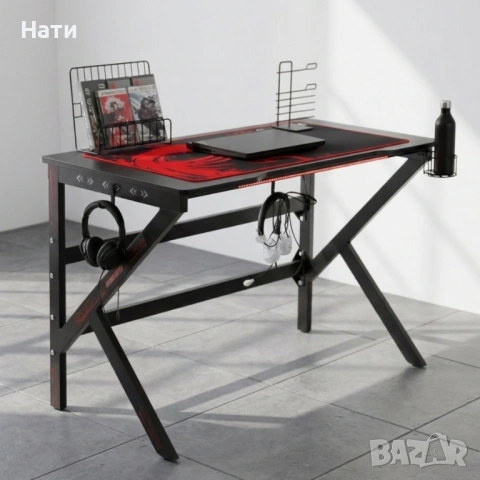 геймърско бюро със стоманена K-образна конструкция, карбонов плот и вградено RGB осветление