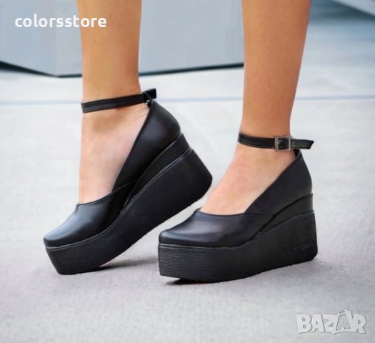 Обувки на платформа - черна кожа с черно ходило - 125K