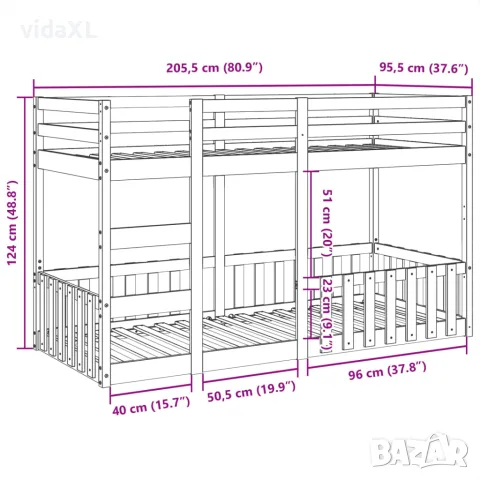 vidaXL Двуетажно легло, бяло, 90x200 см, борово дърво масив, снимка 10 - Спални и легла - 56147036