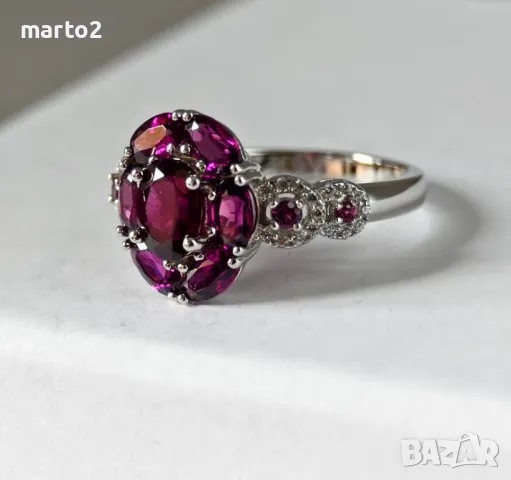 Прекрасен Сребърен 925 Пръстен с Родиево покритие и Натурални Родолити и Циркони!, снимка 3 - Пръстени - 48320503