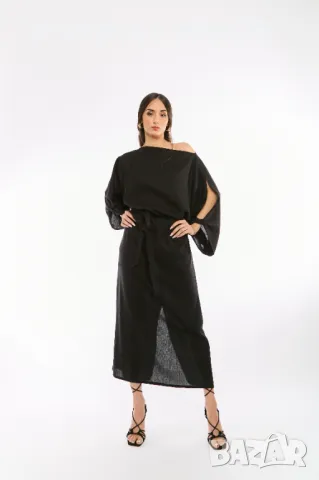Ленена Рокля Melani - Черна, снимка 2 - Рокли - 49478589