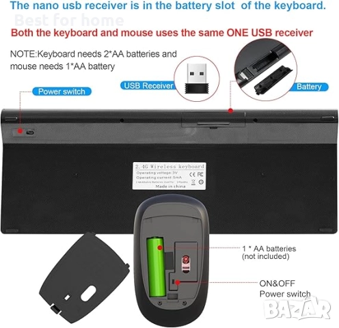 HXMJ Безжичен комплект клавиатура и мишка с голям шрифт и USB приемник, снимка 6 - Клавиатури и мишки - 51934303