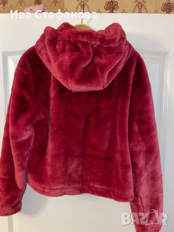 Меко топло палто яке с качулка суичър  бордо имитация на заешка козина кожа , снимка 2 - Суичъри - 36381505