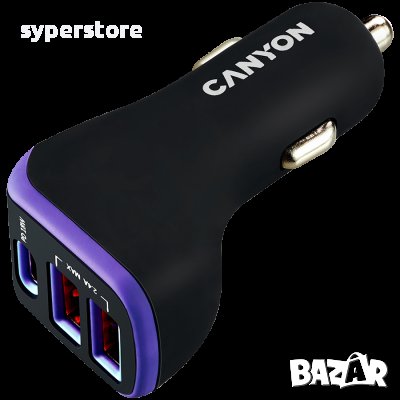 Зарядно за кола CANYON C-08, 2xUSB, 1xUSB Type-C, универсално, Лилав SS30183