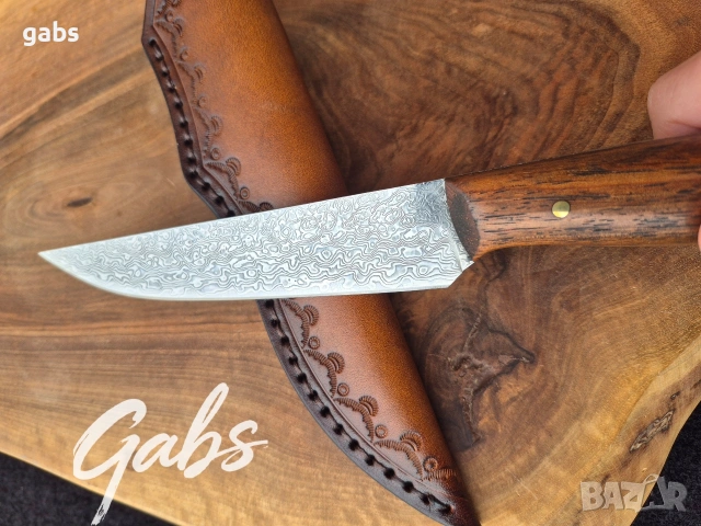 Ловен нож дамаска стомана LN439,фултанг с кожена кания, снимка 6 - Ножове - 53572029