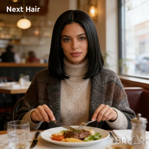 Елегантна права черна каре перука 35 см с път, снимка 6 - Аксесоари за коса - 53749630