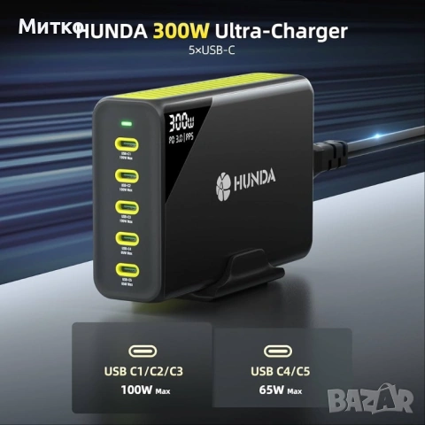 Зарядно устройство HUNDA USB C, общо 300W GaN бързо зарядно с 5 USB C порта