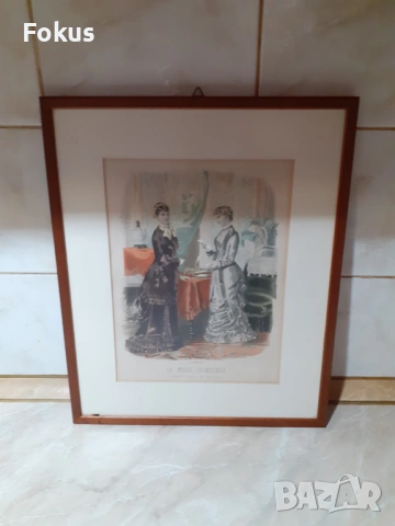 Стара цветна антикварна гравюра в рамка подписана - Франция