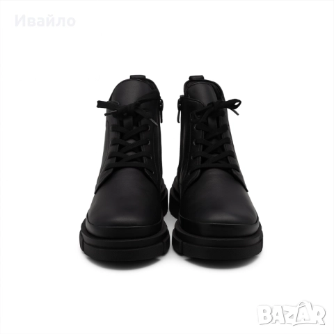 Дамски черни боти от естествена кожа с цип, връзки и масивна подметка, снимка 2 - Дамски боти - 52203121