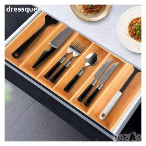 4729 Универсален разделител за прибори от бамбук – Регулируем размер с допълнителни секции, снимка 2 - Други - 53779283