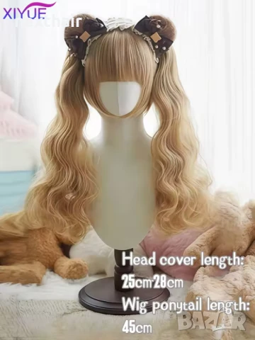 Аниме косплей медено руса перука с две подвижни опашки, снимка 2 - Аксесоари за коса - 51314321