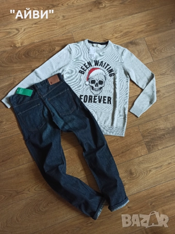 H&M детски еластични дънки и Коледна блуза, снимка 2 - Детски панталони и дънки - 52671089